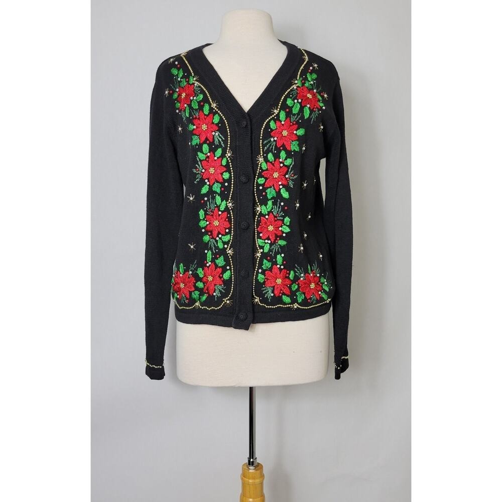 Poinsettia Beaded‎ Christmas Cardigan Sweater Women's S